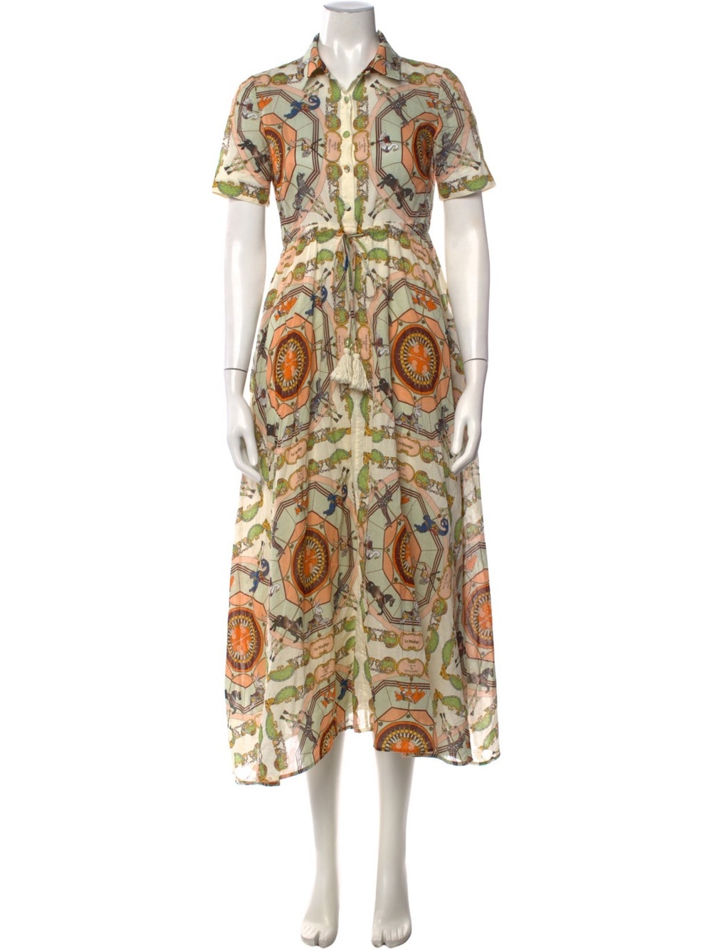 Tory Burch Scarf Print Cotton Shirt Dress Midi Tassel Tie Size Large - Picture 2 of 4